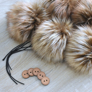 Set of 5 | Faux Fur Pom Pom With Button - Brown