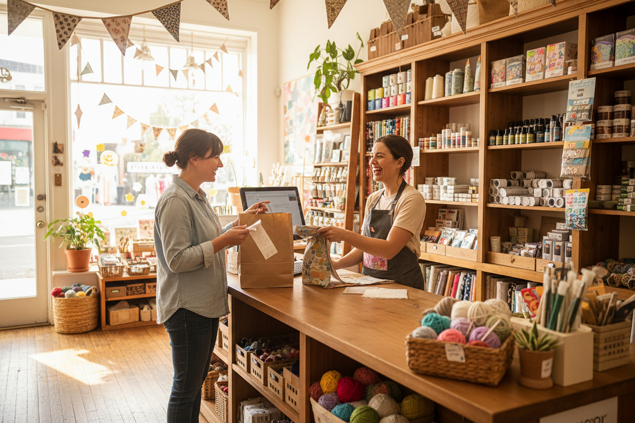 female customer standing in craft store exchanging her order 